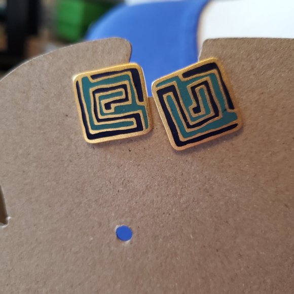 Vintage Laurel Burch Mystery Square Stud Earrings Blue and Green Design Classic - Picture 3 of 3